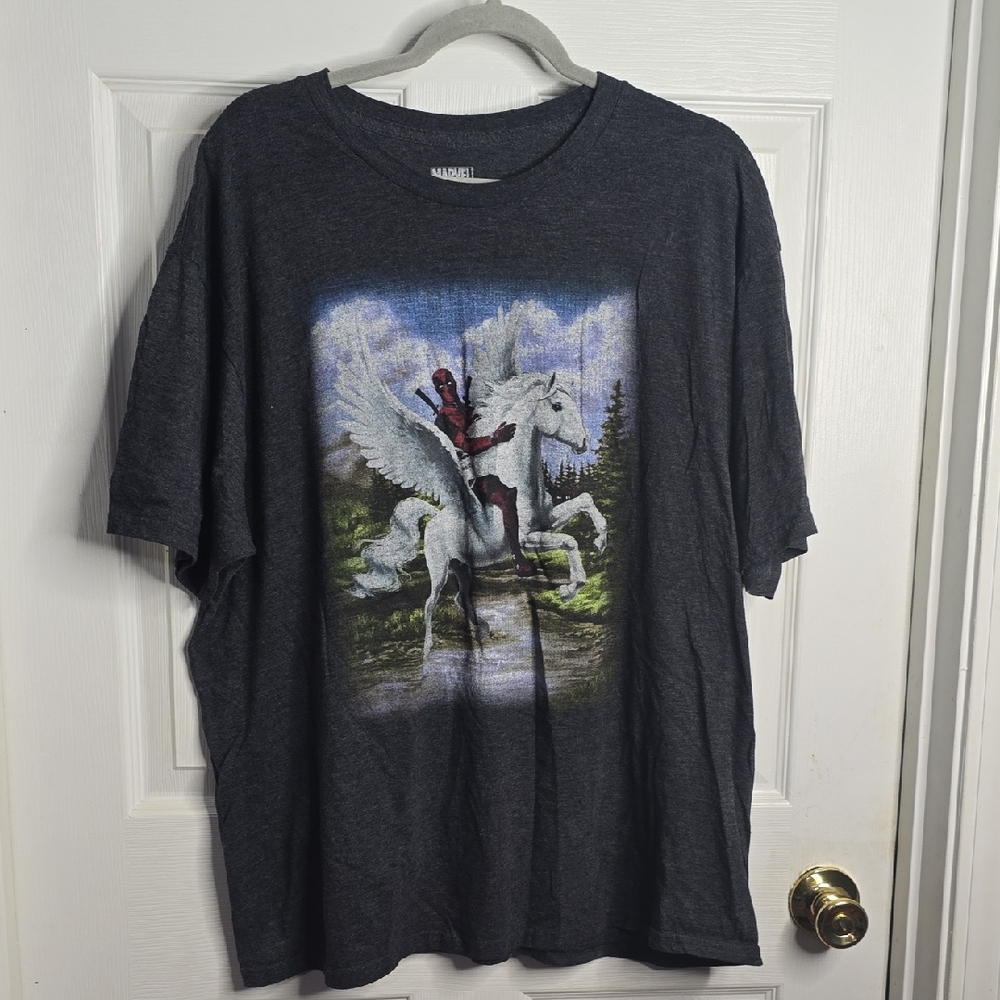 Marvel Men's Dark Gray Graphic Tee with Pegasus and Deadpool